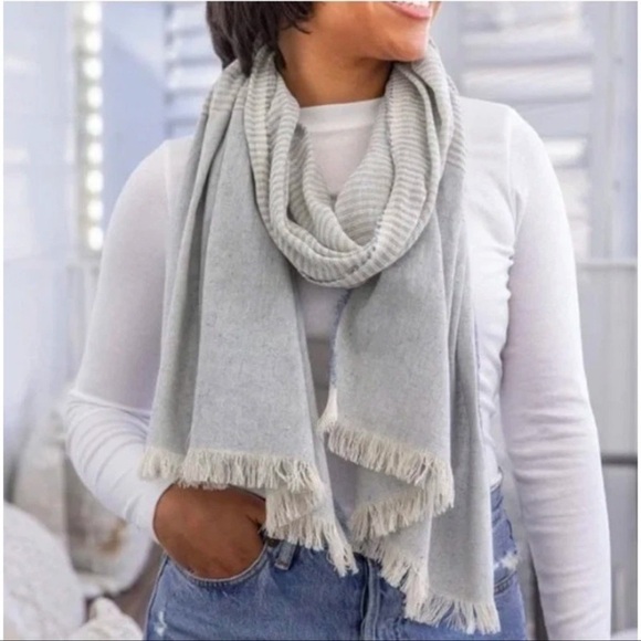 NWT Tribe Alive x BE KIND by Ellen Upcycled Cotton Denim Striped Fringe Scarf - Picture 1 of 6